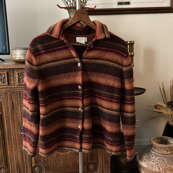 VINTAGE Autumnal Burgundy Orange Lambswool Striped Cardigan - Picture 6 of 8